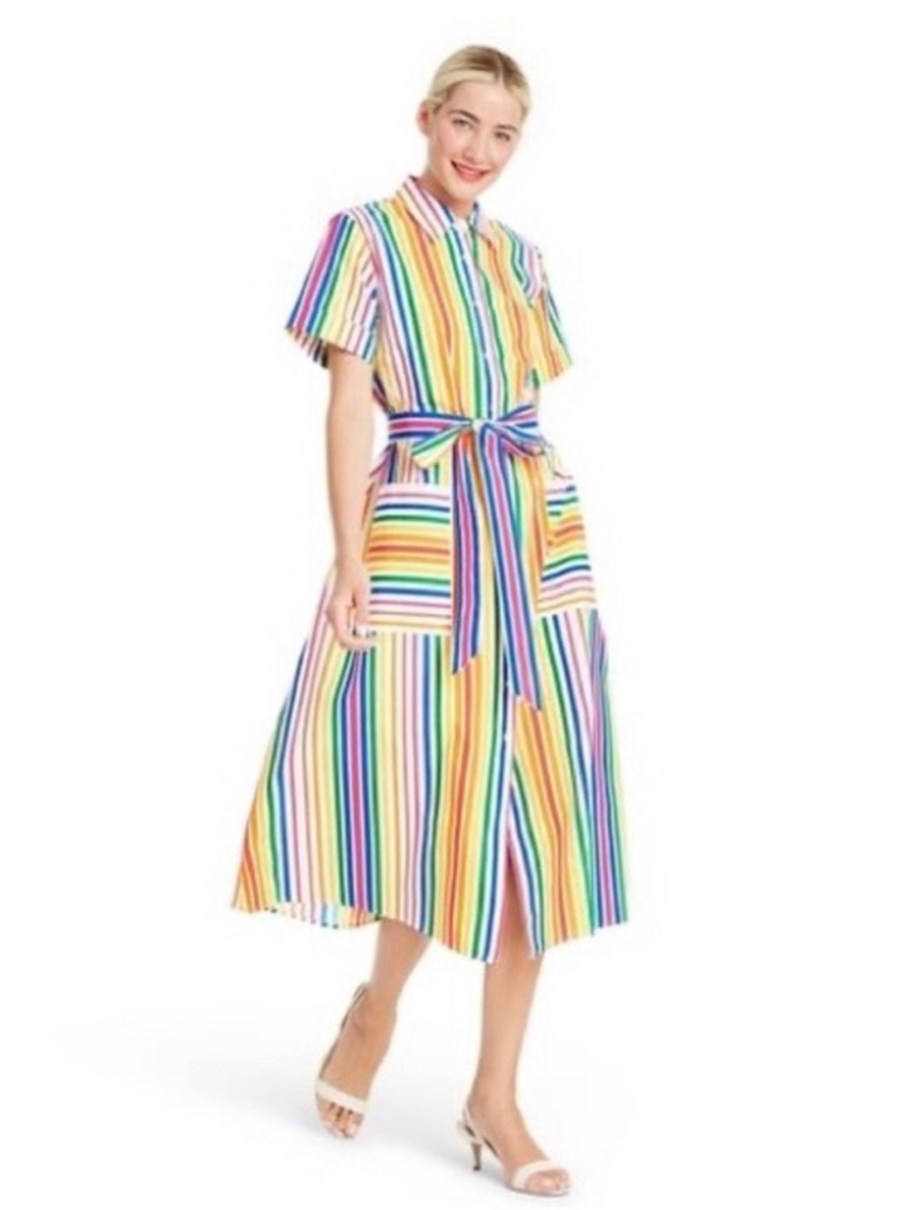 Christopher John Rogers Rainbow Striped Midi Shirt Dress
